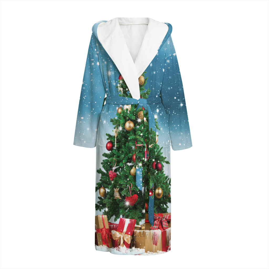Christmas Tree And Snow Print Hooded Bathrobe