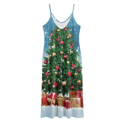 Christmas Tree And Snow Print Jersey Midi Cami Dress