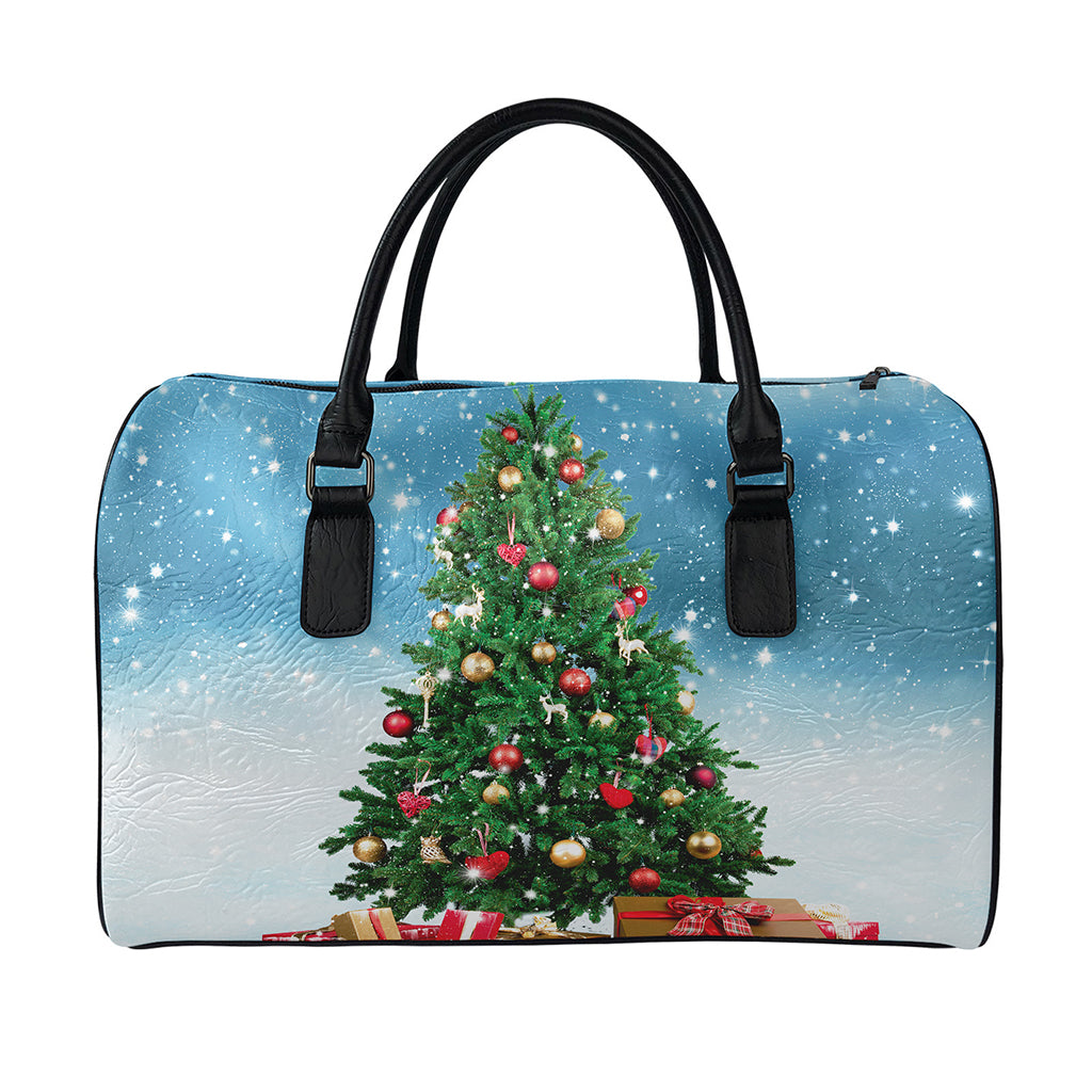 Christmas Tree And Snow Print Leather Duffle Bag