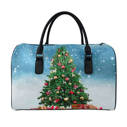 Christmas Tree And Snow Print Leather Duffle Bag