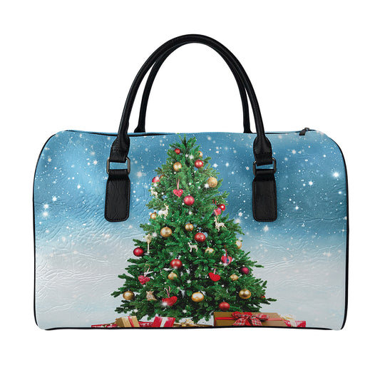 Christmas Tree And Snow Print Leather Duffle Bag