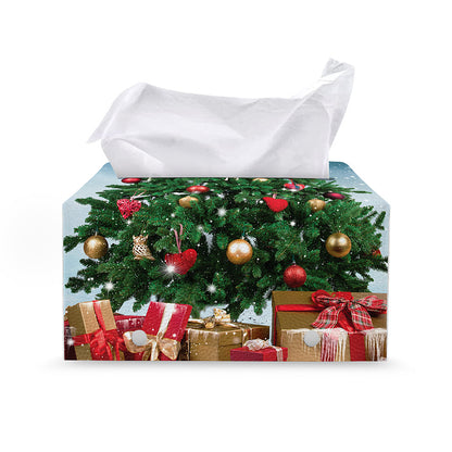 Christmas Tree And Snow Print Leather Tissue Box Cover