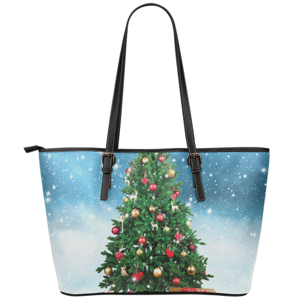 Christmas Tree And Snow Print Leather Tote Bag