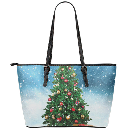 Christmas Tree And Snow Print Leather Tote Bag