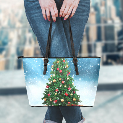 Christmas Tree And Snow Print Leather Tote Bag