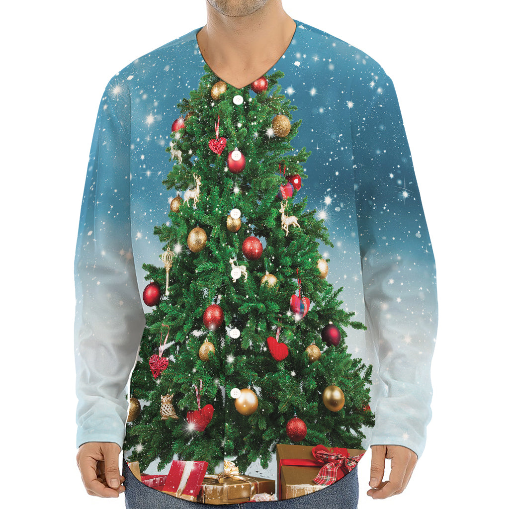 Christmas Tree And Snow Print Long Sleeve Baseball Jersey