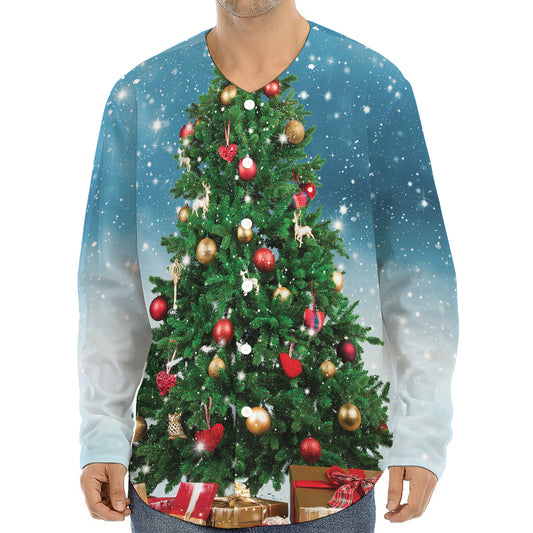Christmas Tree And Snow Print Long Sleeve Baseball Jersey