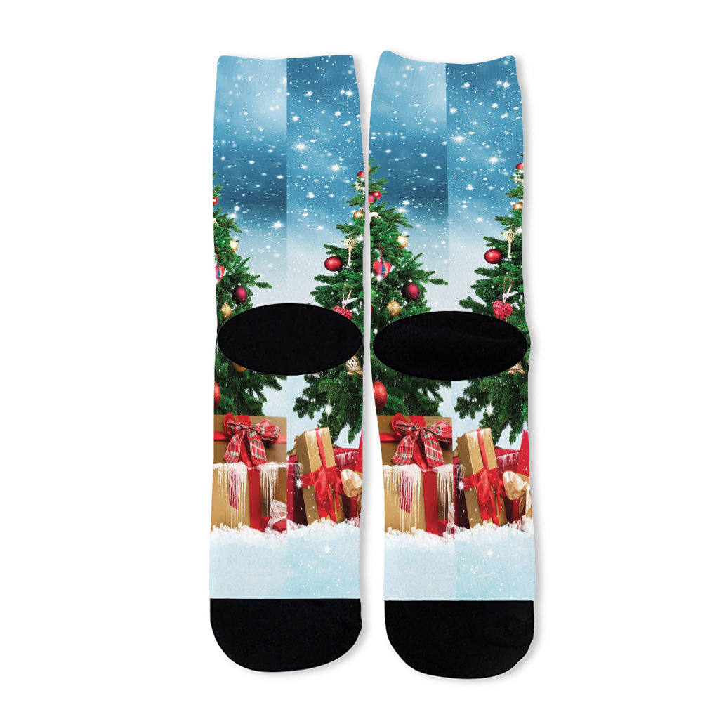 Christmas Tree And Snow Print Long Socks