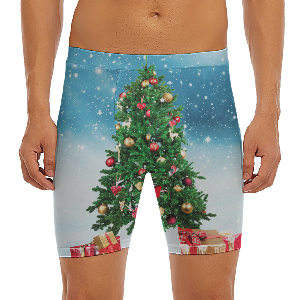 Christmas Tree And Snow Print Men's Long Boxer Briefs