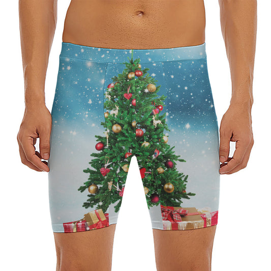 Christmas Tree And Snow Print Men's Long Boxer Briefs