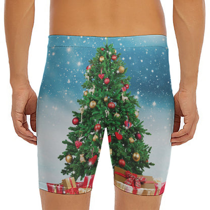 Christmas Tree And Snow Print Men's Long Boxer Briefs