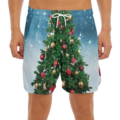 Christmas Tree And Snow Print Men's Split Running Shorts