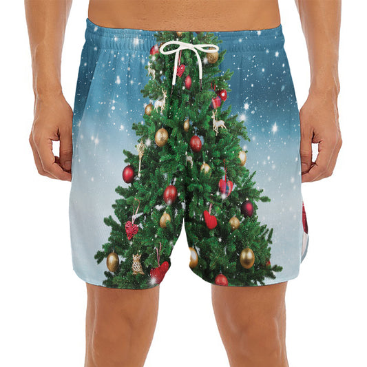Christmas Tree And Snow Print Men's Split Running Shorts