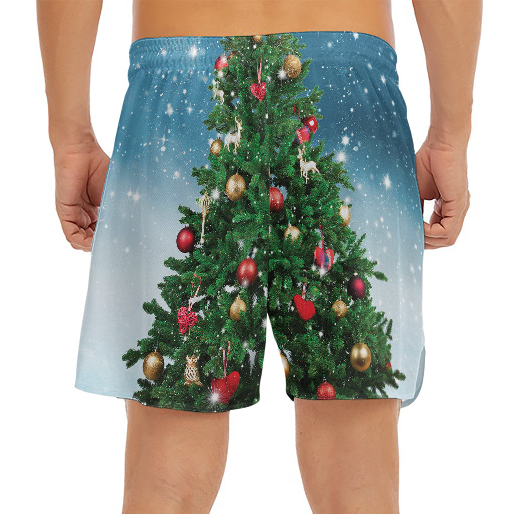 Christmas Tree And Snow Print Men's Split Running Shorts