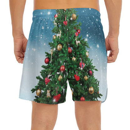Christmas Tree And Snow Print Men's Split Running Shorts