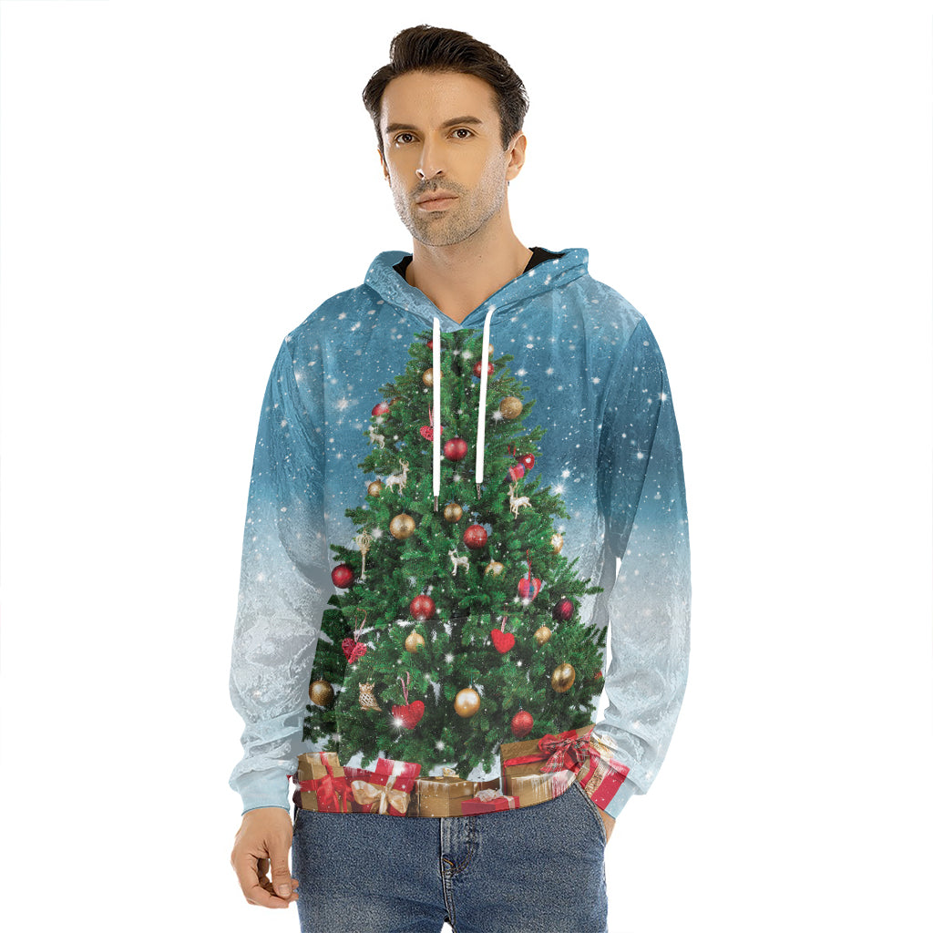 Christmas Tree And Snow Print Men's Velvet Pullover Hoodie