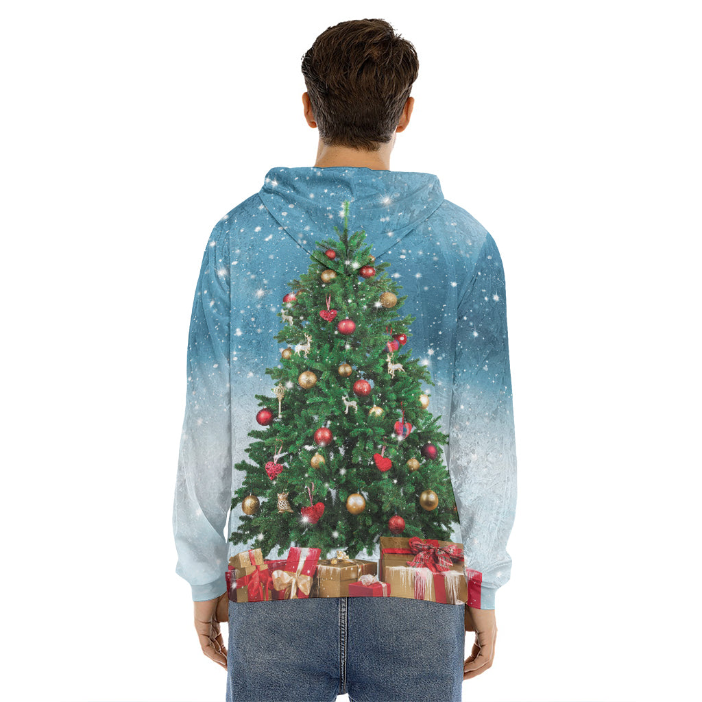 Christmas Tree And Snow Print Men's Velvet Pullover Hoodie