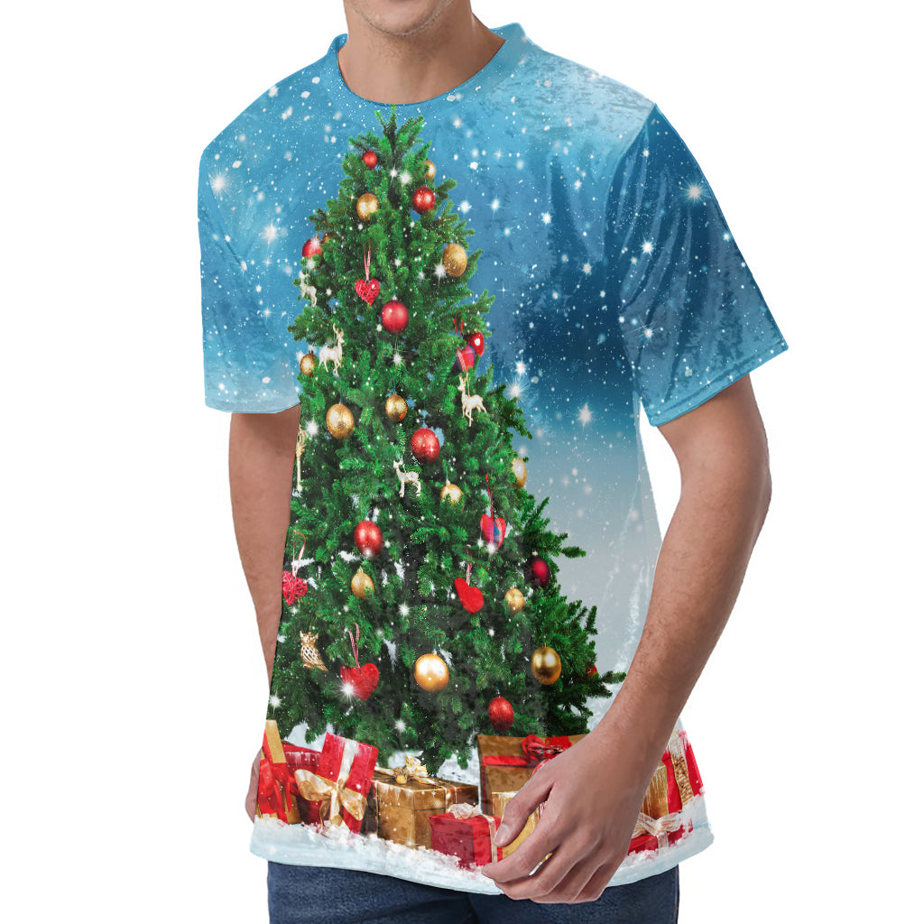 Christmas Tree And Snow Print Men's Velvet T-Shirt