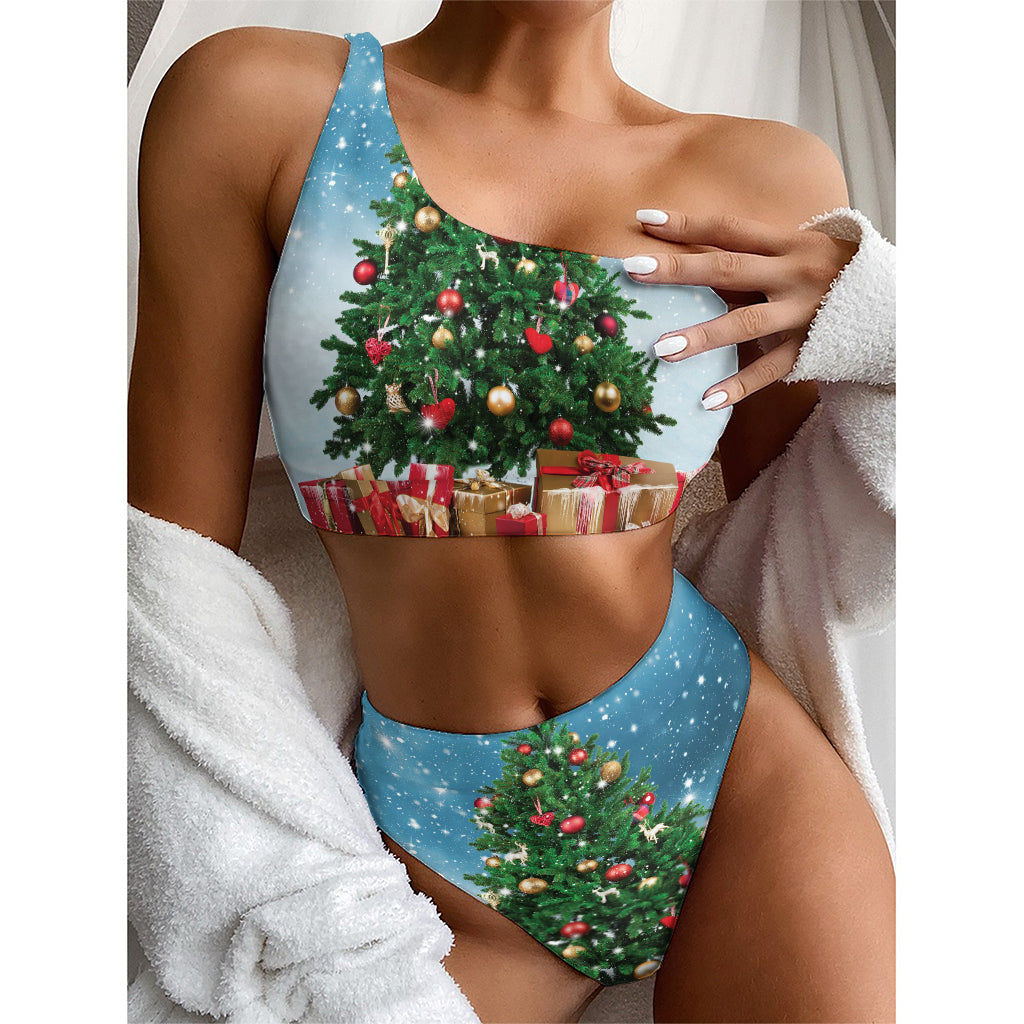 Christmas Tree And Snow Print One Shoulder Bikini Top