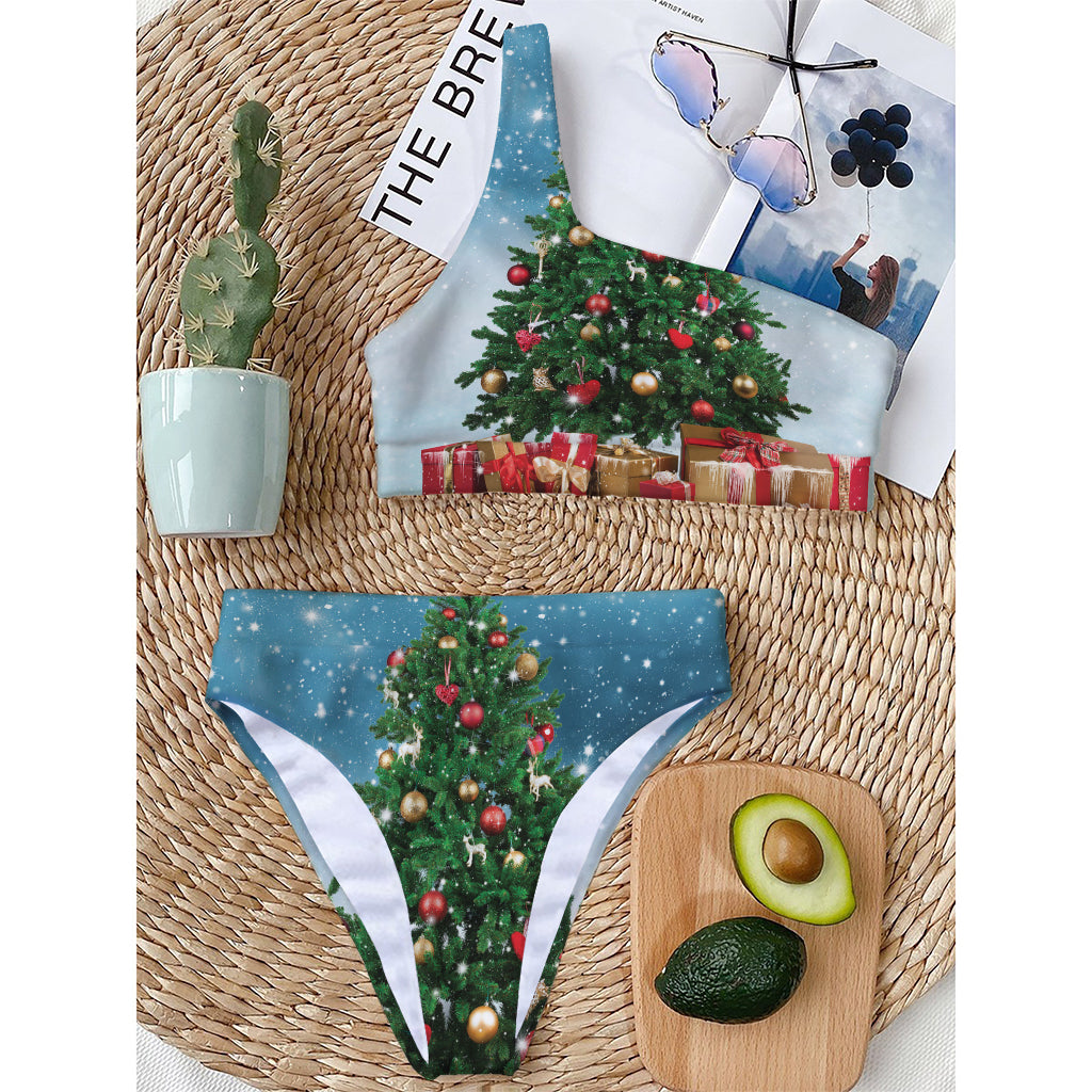 Christmas Tree And Snow Print One Shoulder Bikini Top