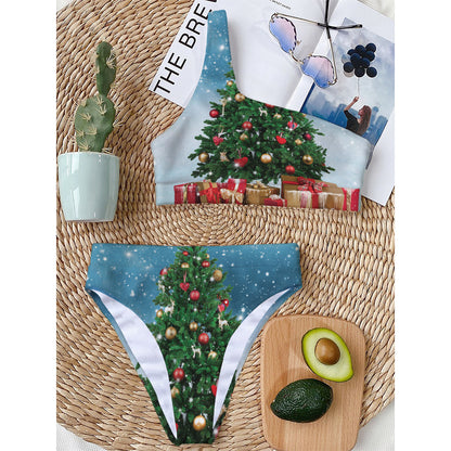 Christmas Tree And Snow Print One Shoulder Bikini Top