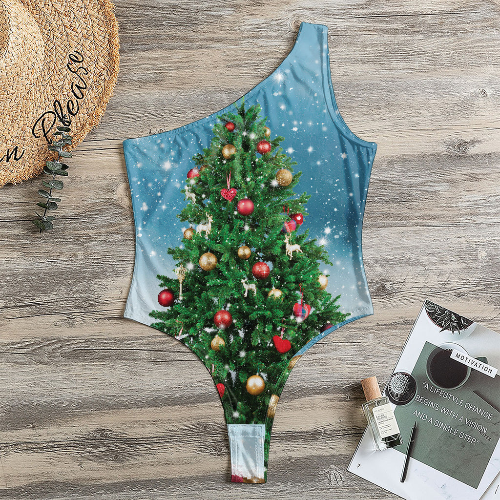 Christmas Tree And Snow Print One Shoulder Bodysuit