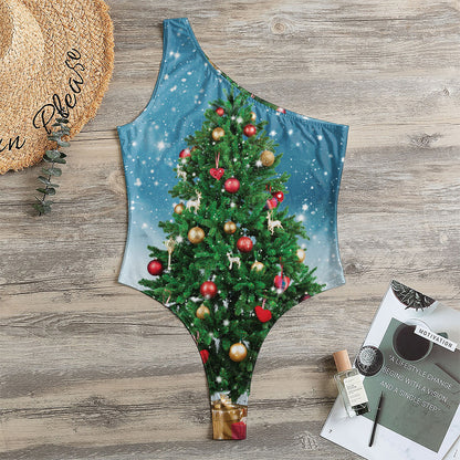 Christmas Tree And Snow Print One Shoulder Bodysuit