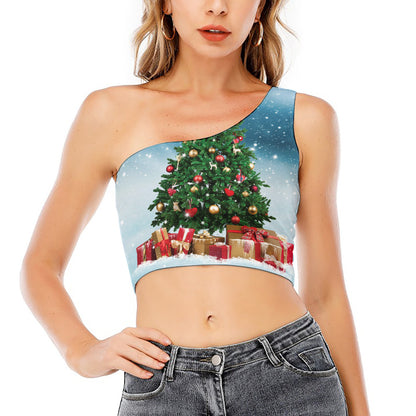 Christmas Tree And Snow Print One Shoulder Crop Top