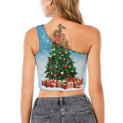 Christmas Tree And Snow Print One Shoulder Crop Top