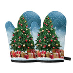 Christmas Tree And Snow Print Oven Mitts