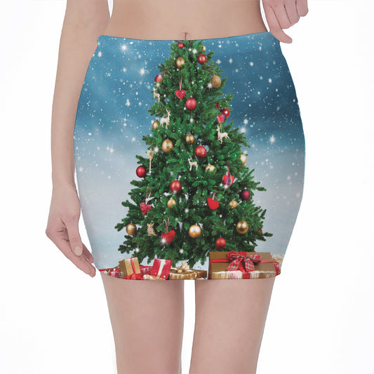 Christmas Tree And Snow Print Pencil Mini Skirt