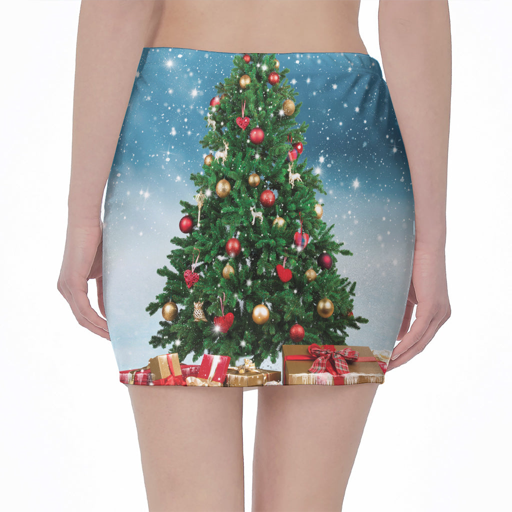 Christmas Tree And Snow Print Pencil Mini Skirt