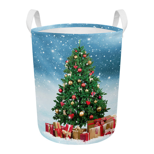 Christmas Tree And Snow Print Round Laundry Basket