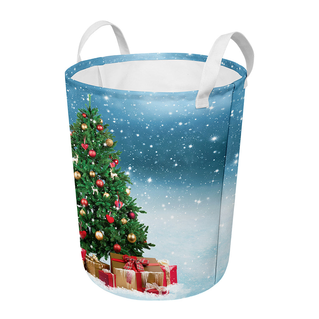 Christmas Tree And Snow Print Round Laundry Basket