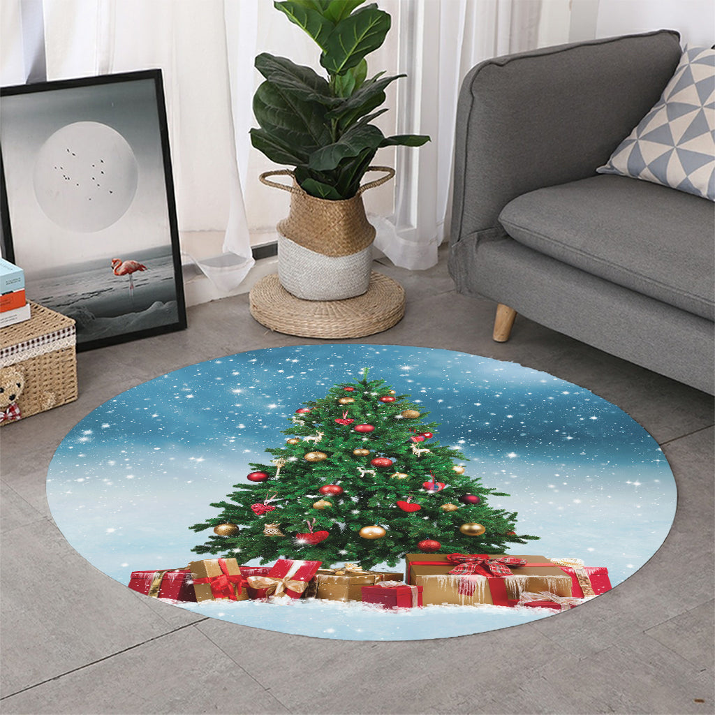Christmas Tree And Snow Print Round Rug
