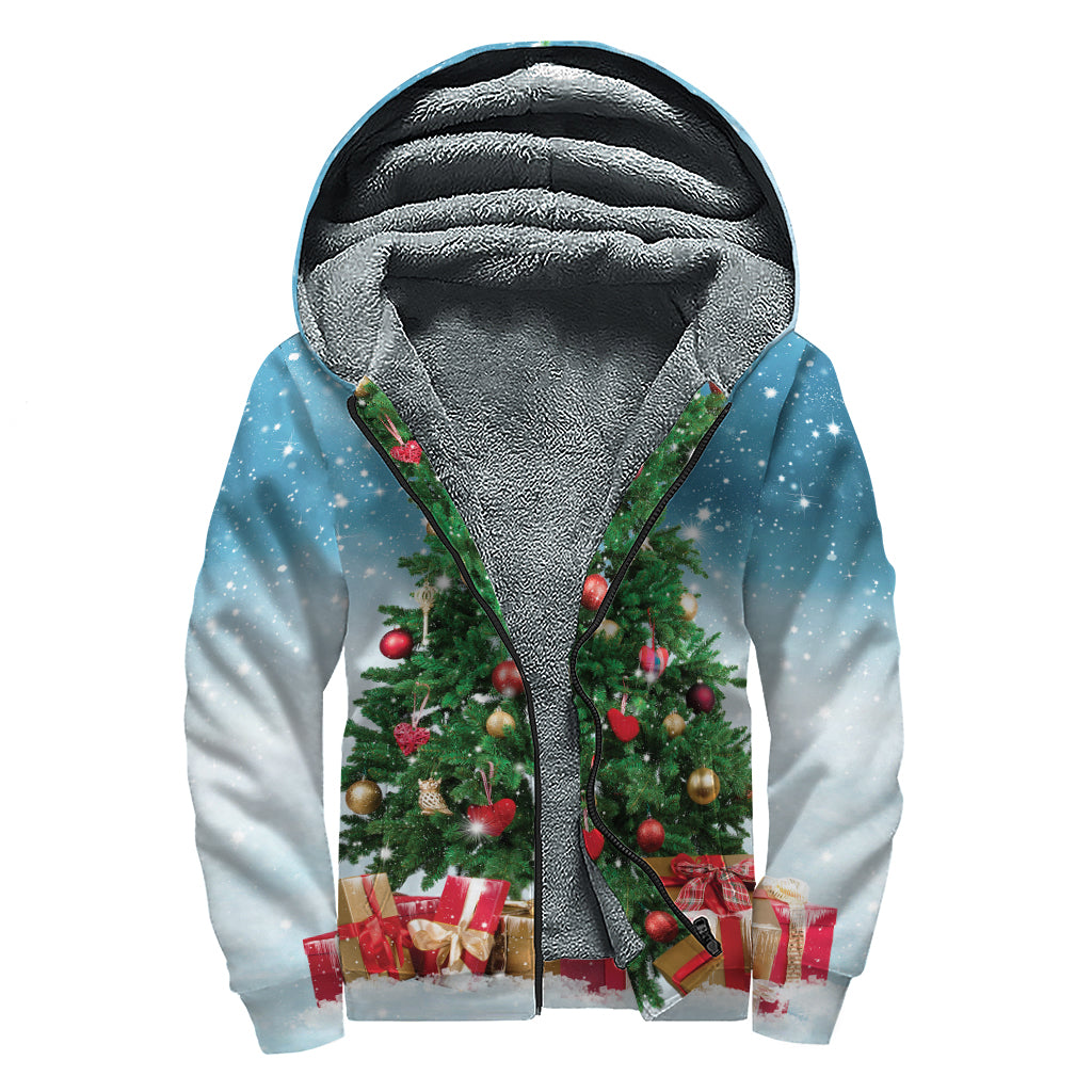 Christmas Tree And Snow Print Sherpa Lined Zip Up Hoodie