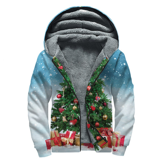 Christmas Tree And Snow Print Sherpa Lined Zip Up Hoodie
