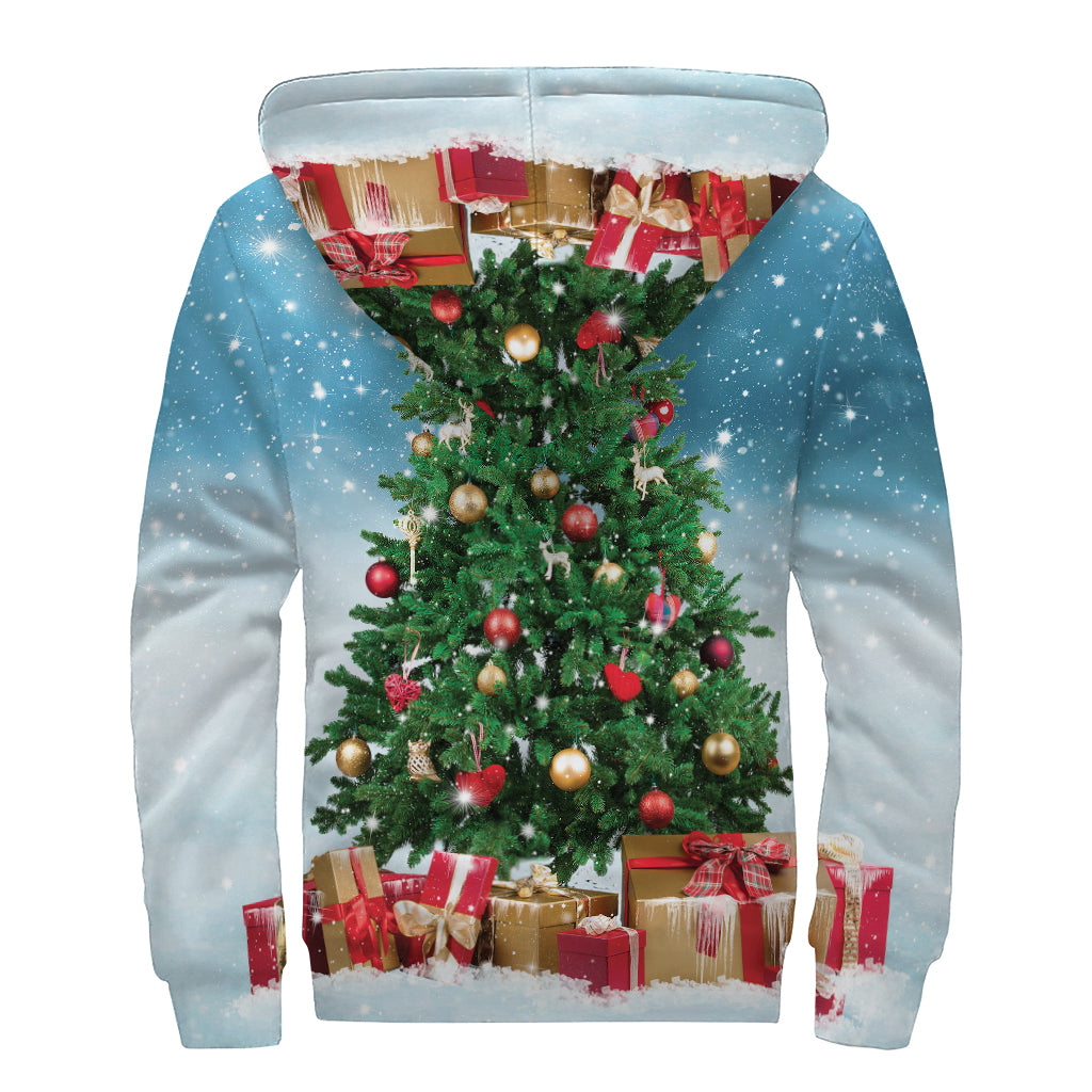 Christmas Tree And Snow Print Sherpa Lined Zip Up Hoodie