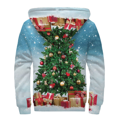 Christmas Tree And Snow Print Sherpa Lined Zip Up Hoodie