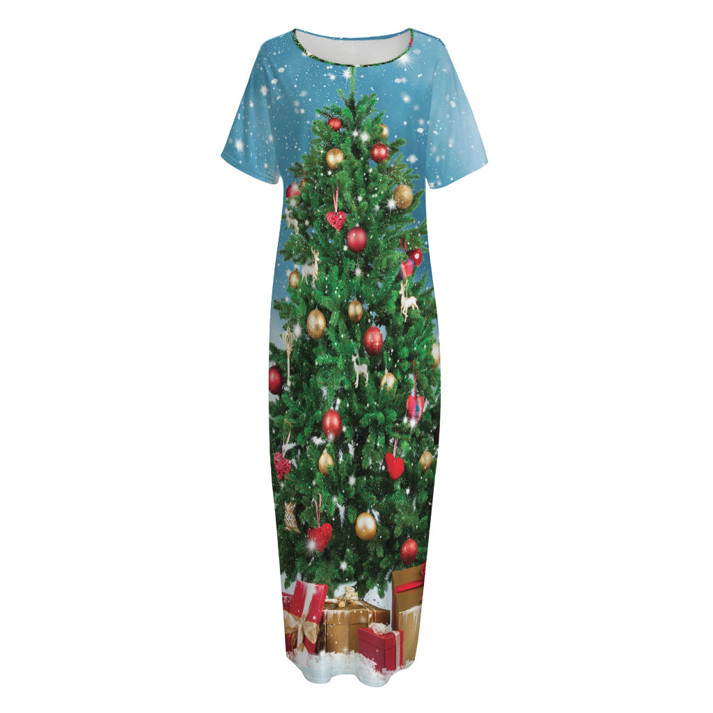 Christmas Tree And Snow Print Short Sleeve Long Nightdress