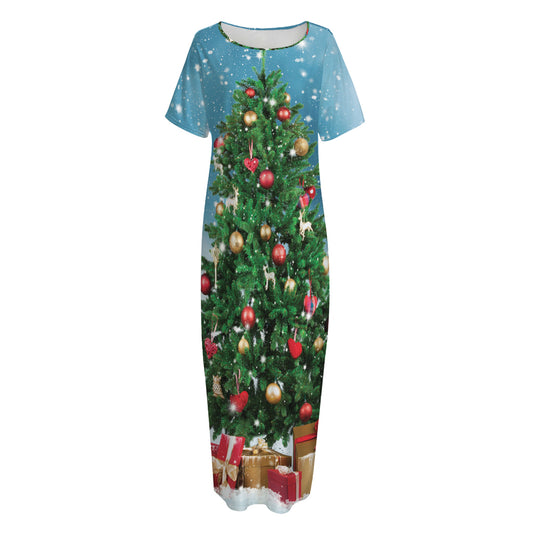 Christmas Tree And Snow Print Short Sleeve Long Nightdress