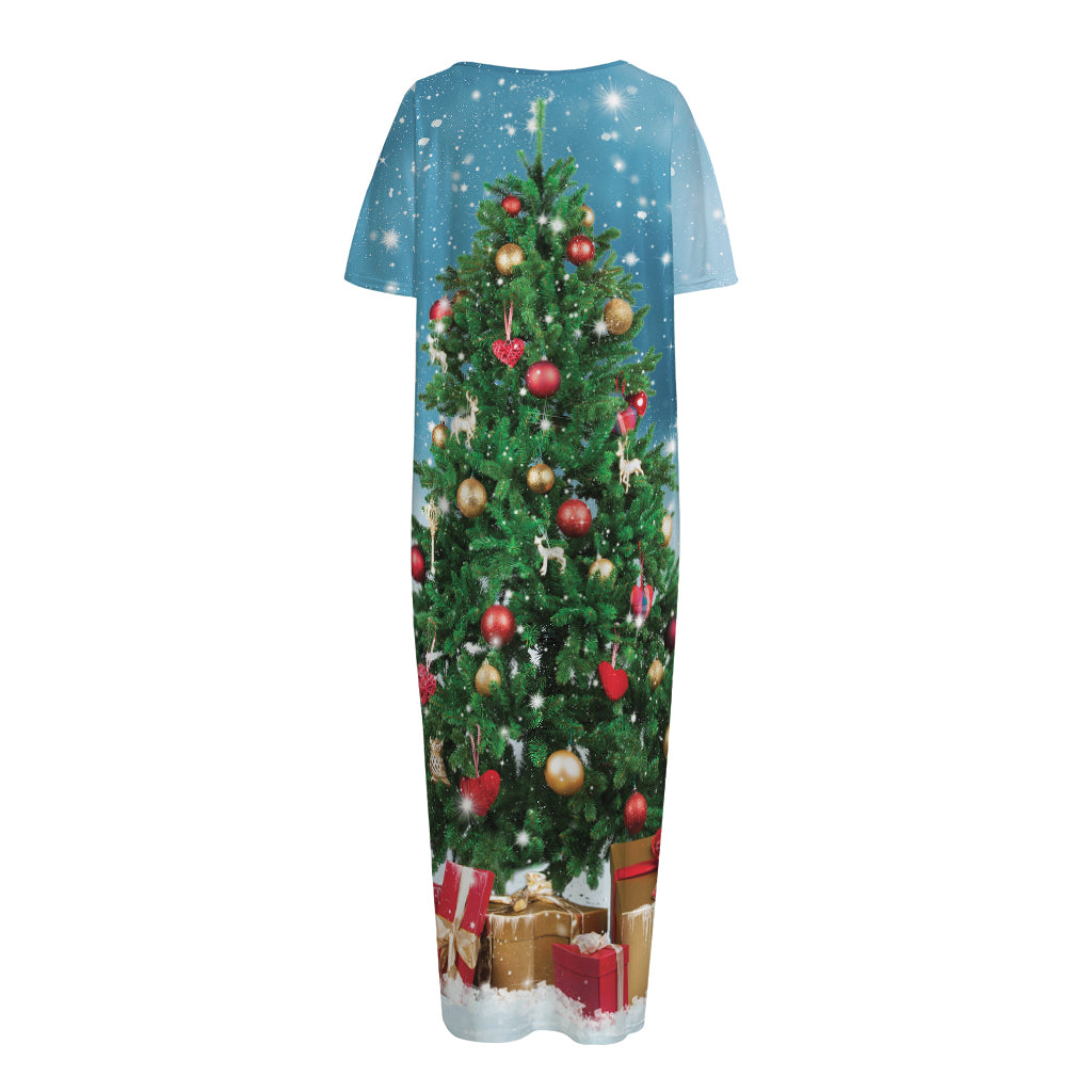 Christmas Tree And Snow Print Short Sleeve Long Nightdress