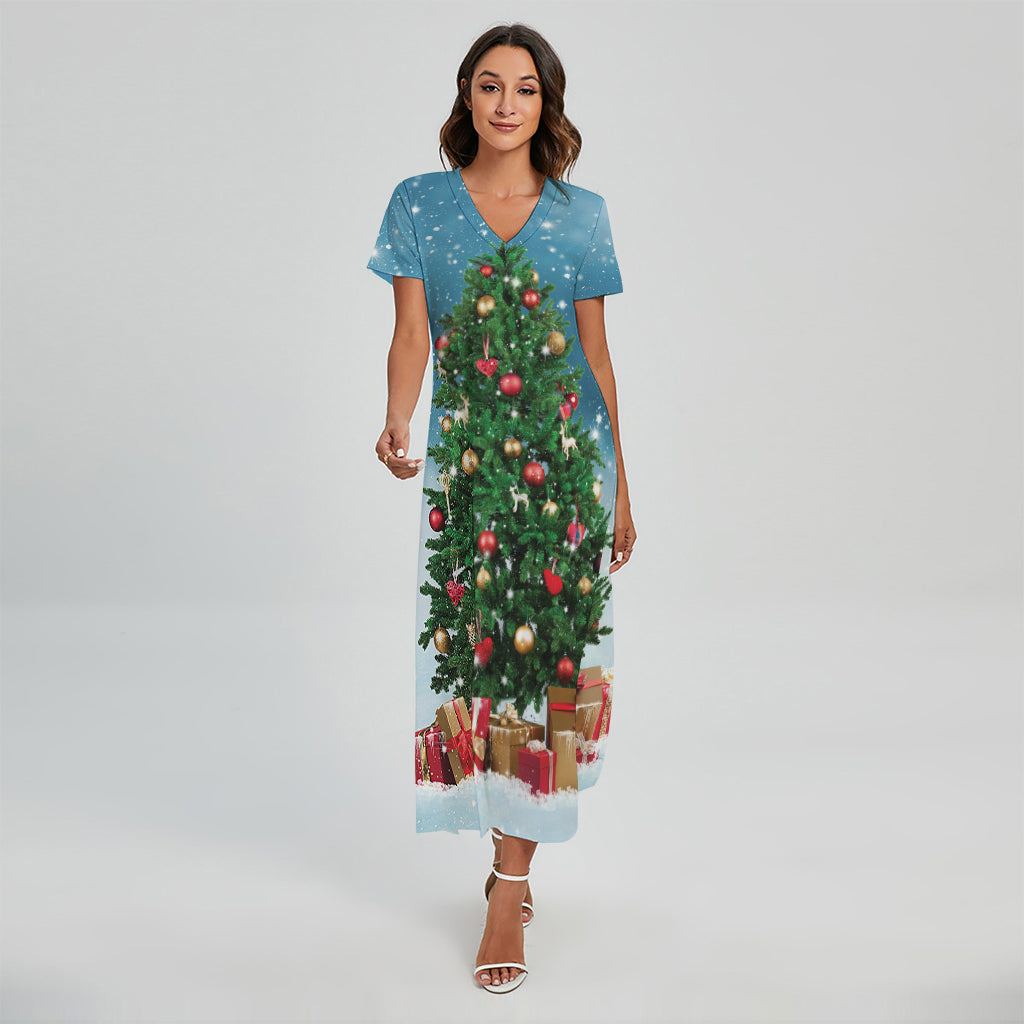 Christmas Tree And Snow Print Short Sleeve Maxi Dress