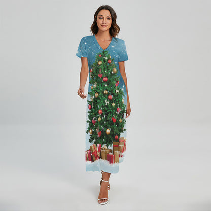 Christmas Tree And Snow Print Short Sleeve Maxi Dress