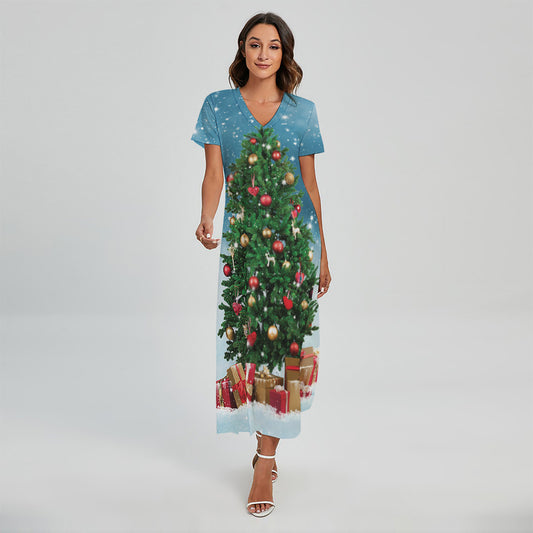 Christmas Tree And Snow Print Short Sleeve Maxi Dress