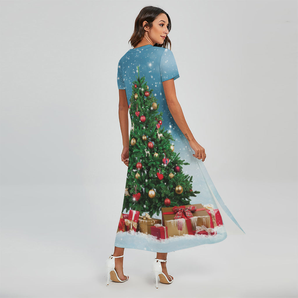 Christmas Tree And Snow Print Short Sleeve Maxi Dress