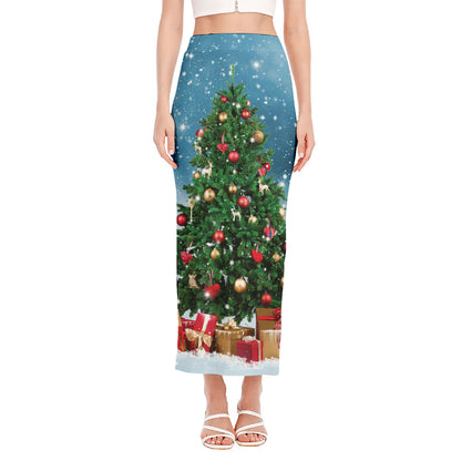 Christmas Tree And Snow Print Side Slit Maxi Skirt