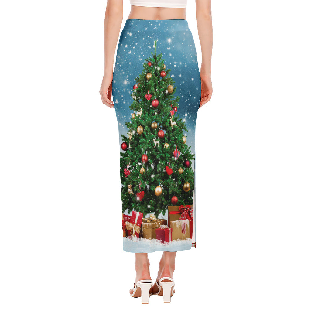 Christmas Tree And Snow Print Side Slit Maxi Skirt