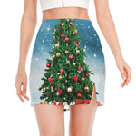 Christmas Tree And Snow Print Side Slit Mini Skirt