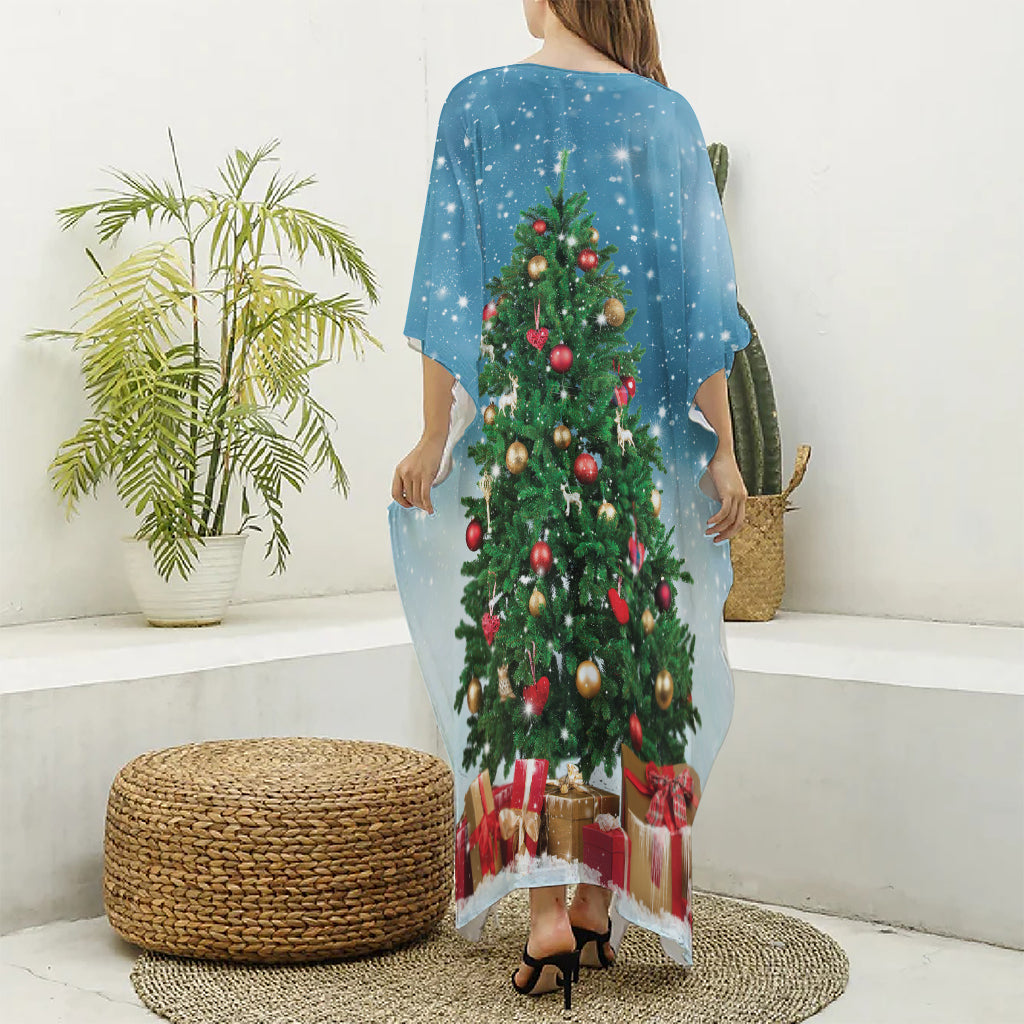 Christmas Tree And Snow Print Silk V-Neck Kaftan Dress